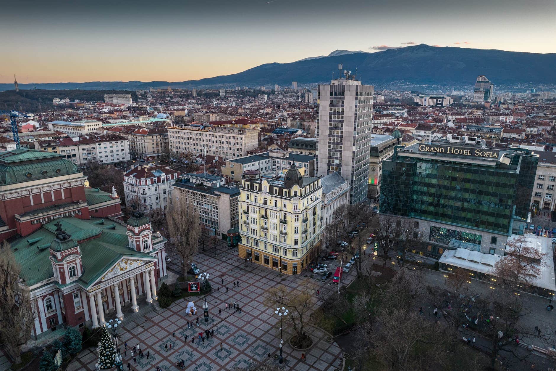 drone shot of sofia at sunset